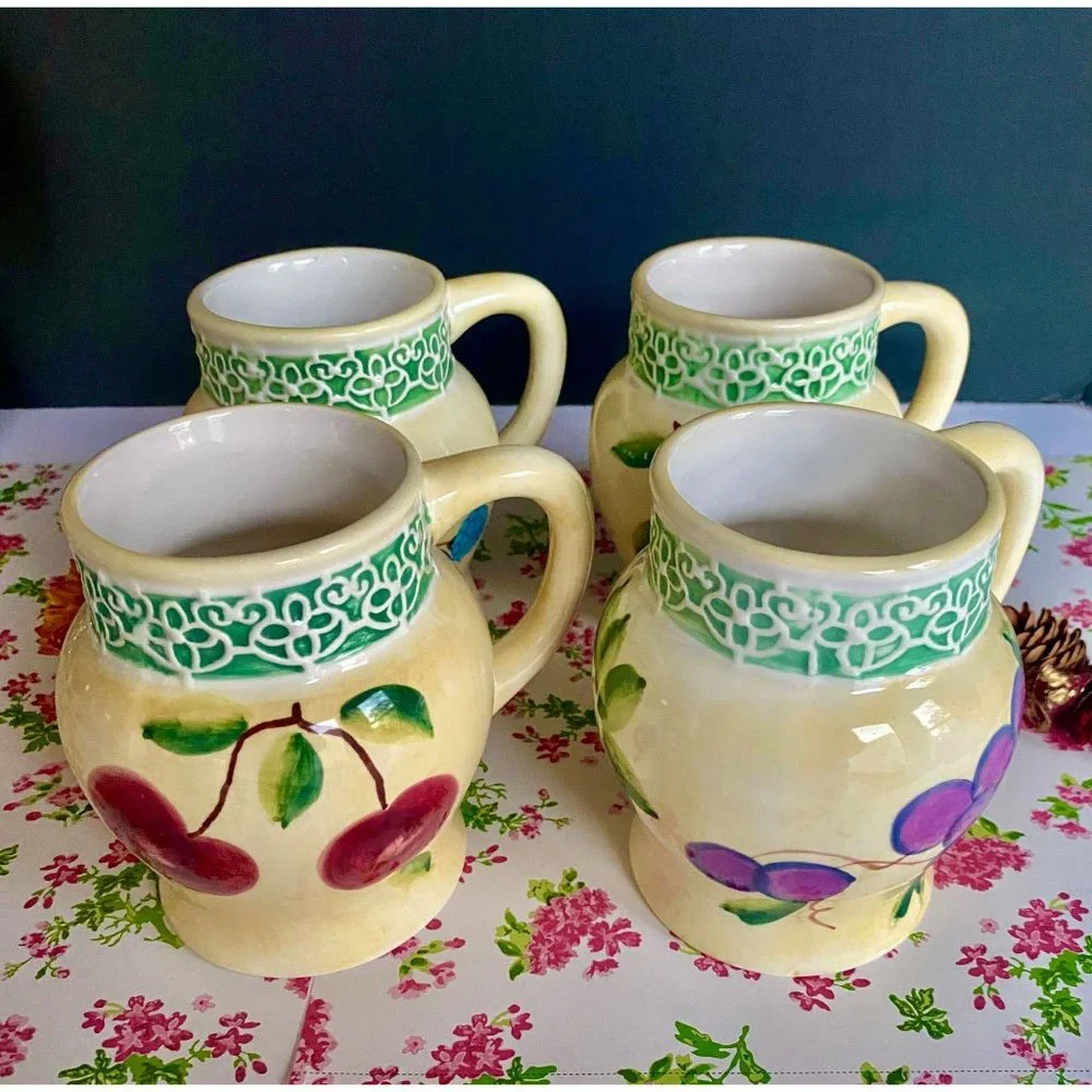 Alco Belaggio 4 mugs,‎ NEW, ceramic, mug set, 20 OZ, decorated w fruit/flowers